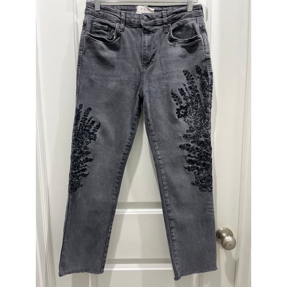 Free People We The Free Grey Floral Embroidered Girlfriend Straight Leg Jeans 27 - Picture 2 of 8